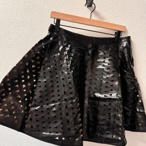 English Rose- Black Faux Leather- A-Line- Zip-Laser Cut-Mini Skirt Size L